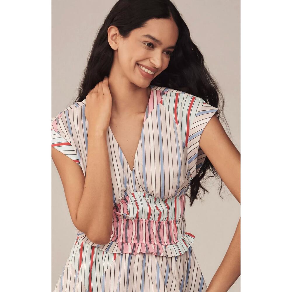 Anthropologie Dress Small V Neck Striped Mini Sundress Summer Vacation Retro Boh - Picture 2 of 13